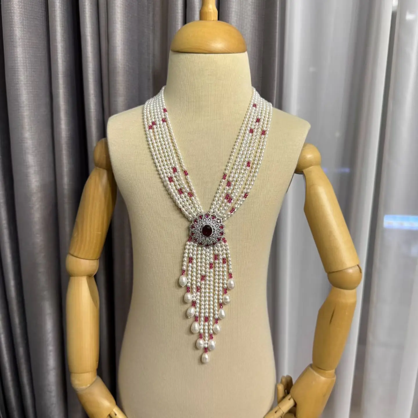 

7 Rows Natural Faceted Round Red Crystal White Keshi Unique 3-4mm Pearl Long Necklace 48cm For Women Gift