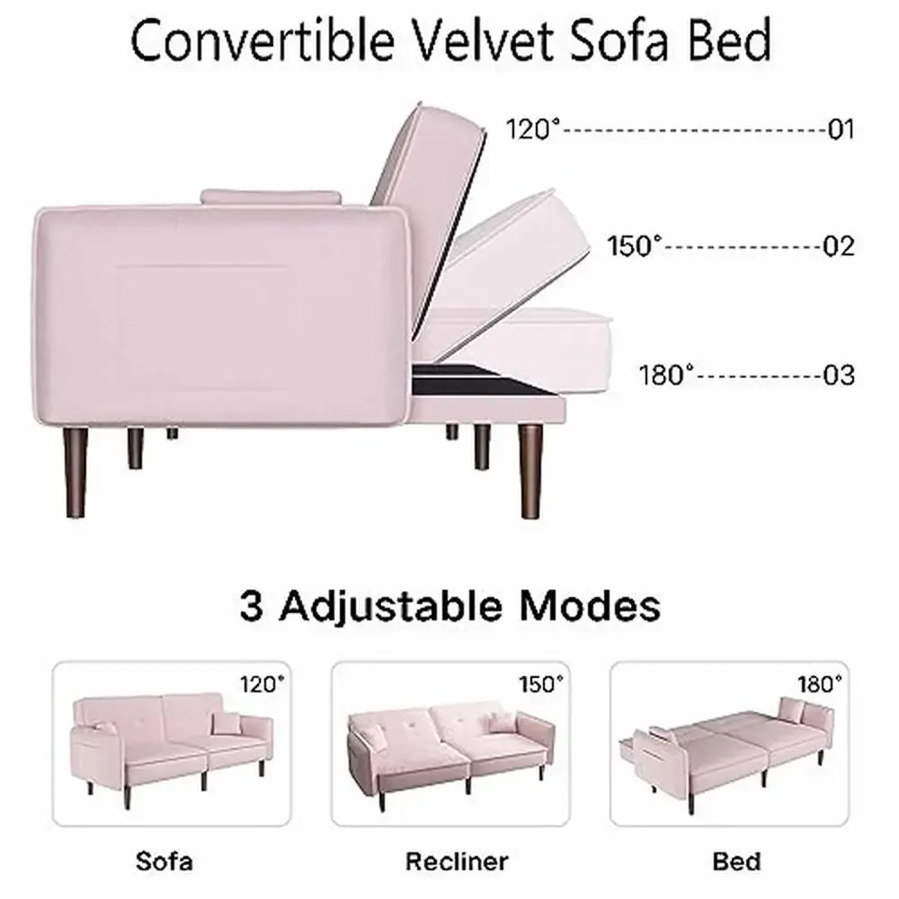 Modern Pink Velvet Convertible Sleeper Sofa Bed with Wood Legs and Memory Foam 75" Futon Loveseat Small Spaces and Studio