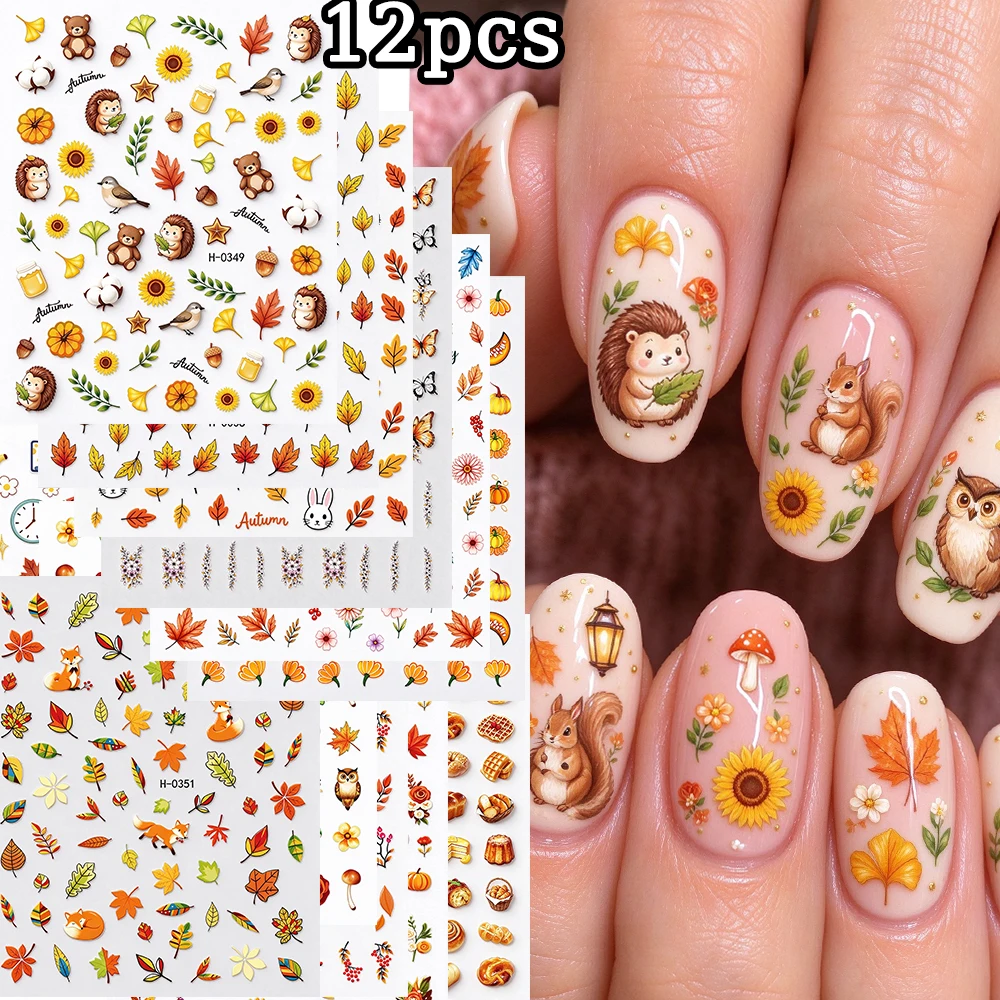 12Pcs Mixed 3D Autum Nail Stickers Cute Hedgehog Squirrel Maple Leaf Fox Sunflower Self-adhesive Nail Decals Fall Manicure Decor