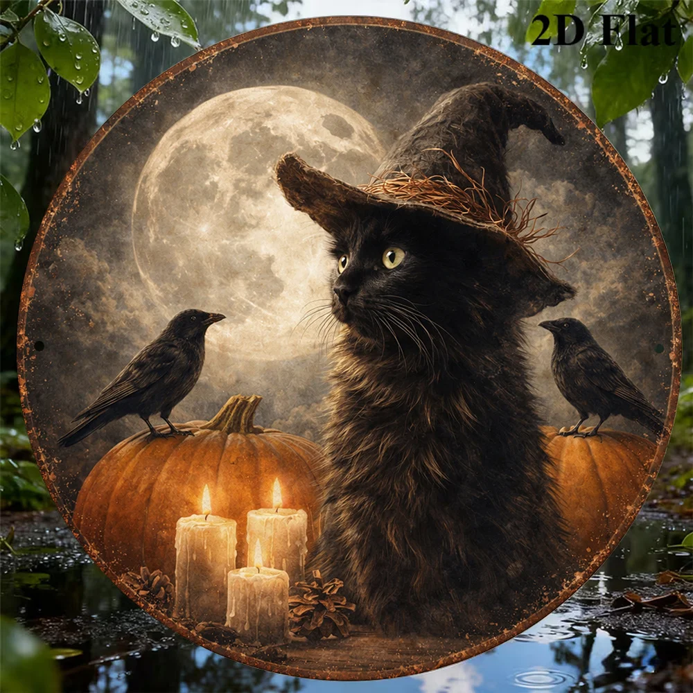 2D Flat Retro Oil Painting Witch Black Cat Full Raven Halloween Round Door Window Hanging Wooden Holiday Sign Dark Aged Full Bla