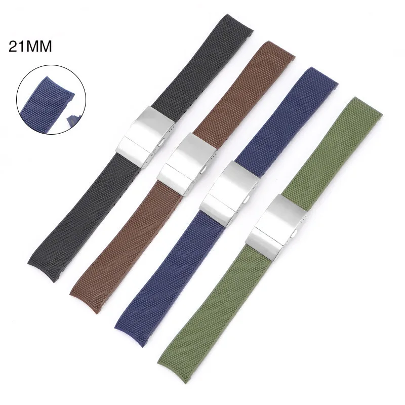 Curved End Rubber Sport Strap Solid Stainless Steel Buckle Waterproof Diving Men Bracelet Watch Band 21mm for Longines Conquest