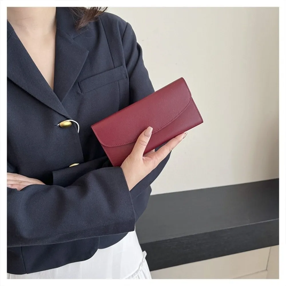 Elegant PU Leather Long Wallet Multi Card Slot Foldable Trifold Purse Slim Solid Color Card Holder for Men and Women
