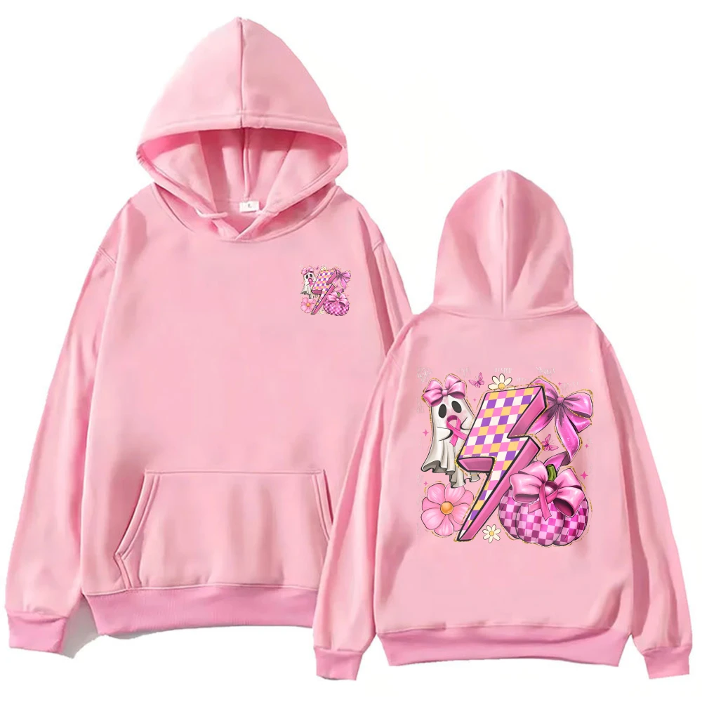 Pink Ribbon Coquette Bow Sweatshirt Breast Cancer Awareness Two-sided Printed Hoodie Casual Apparel Breast Cancer Support Outfit