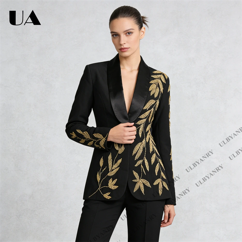 ULBYANRY 2026 Spring Black Tuxedo Blazer Gold Leaf Embroidery and Satin Lapel for Red Carpet Gala Event Opulent Regal Outfit