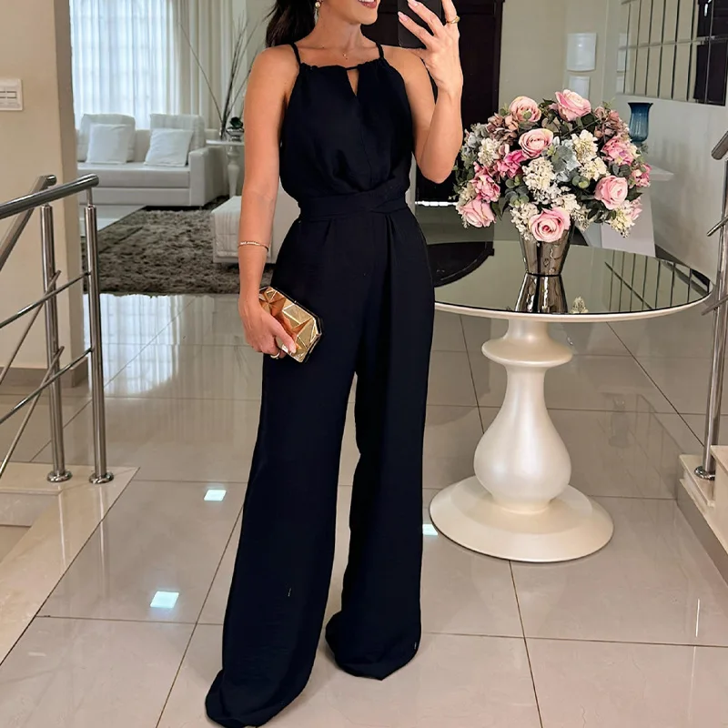 Summer Sexy One-shoulder Lace-up Women Jumpsuit Sleeveless Casual Commuting Romper Ladies High Waist Solid Color Loose Overalls