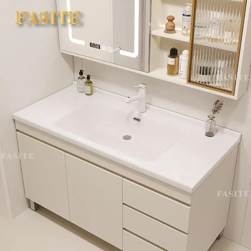 For Bathroom Cabinet Ceramic Integrated Basin Vanity Countertop Sink Combo Wash Table with Storage Modern Style Space Saving