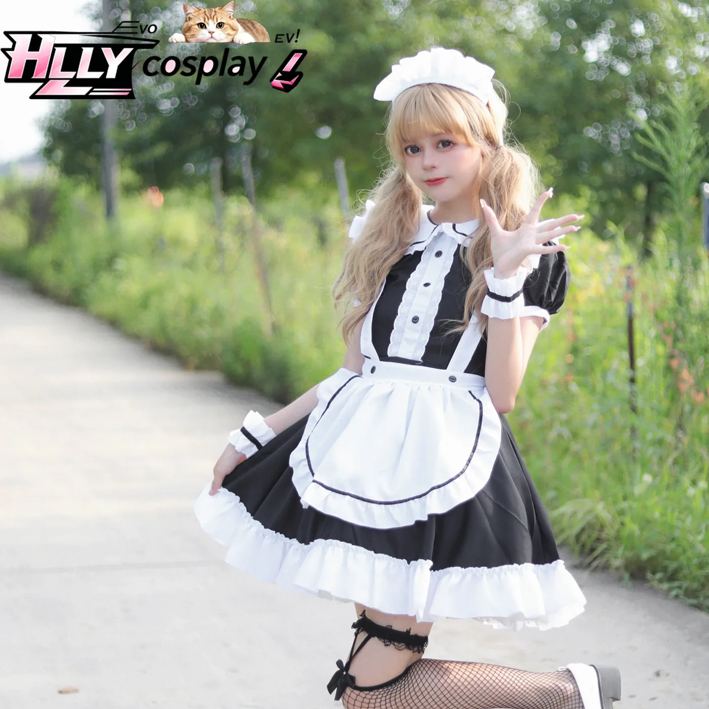 

Women's Black White Maid Cosplay Costume Full Set - Sweet Japanese Lolita Style Dress with Ruffled Apron Lace Trim Puff Sleeve