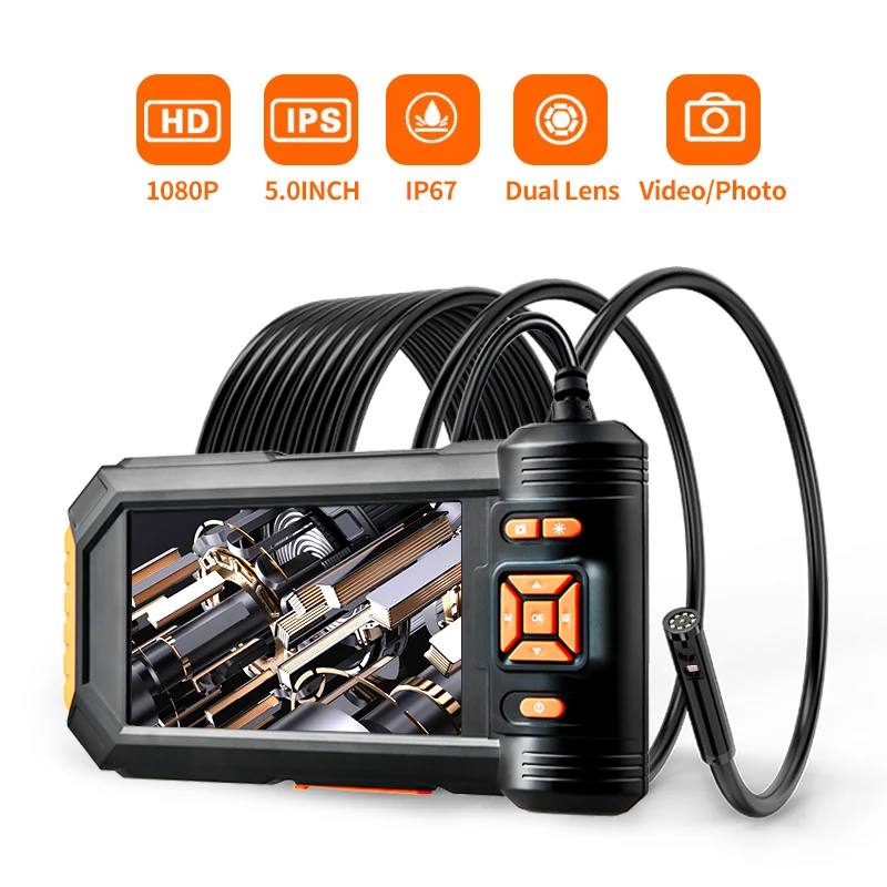 5.5mm Dual Lens Snake Inspection Camera 5 inches LCD Enoscope with Light 1080P Automotive Borescope 6 LED IP67 Zoom for Home Car