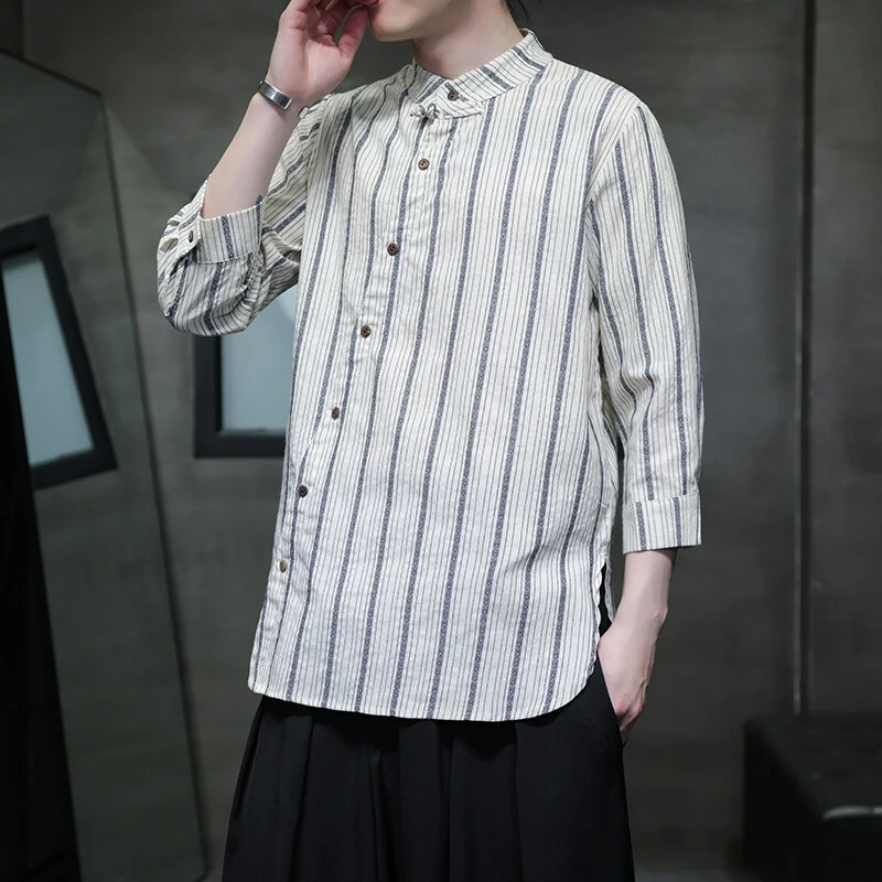 

2026Striped Chinese Style Shirts Retro Cotton Linen Traditional Tang Suit Top Men Kung Fu Tai Chi Casual Long Sleeved Shirts Men