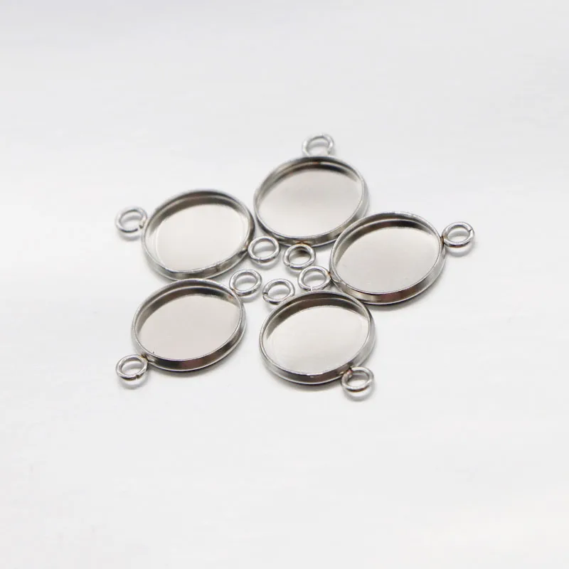 20pcs/lot Inner 12mm Stainless Steel Connector Setting Cabochon Base Cameo Bezel Two Loop Round DIY Jewelry Making Components