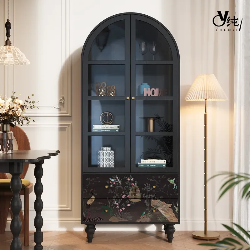 Medieval Style Wall Mounted Wine Cabinet Glass Display Solid Wood Bookcase Dining Sideboard Storage for Small Apartment
