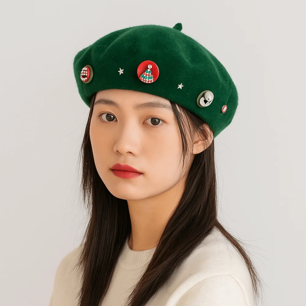 

Personality Woolen Christmas Beret Solid Color Christmas Tree Octagonal Hat Star Warm Painter Hat Autumn