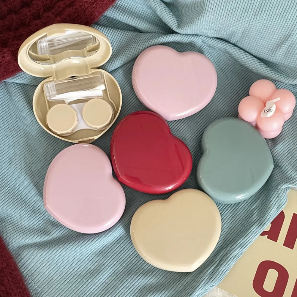 Mini Heart Shape Contact Lenses Box Portable Travel Contact Lens Storage Care Holder With Mirror Tweezer New Storage Soaking Box