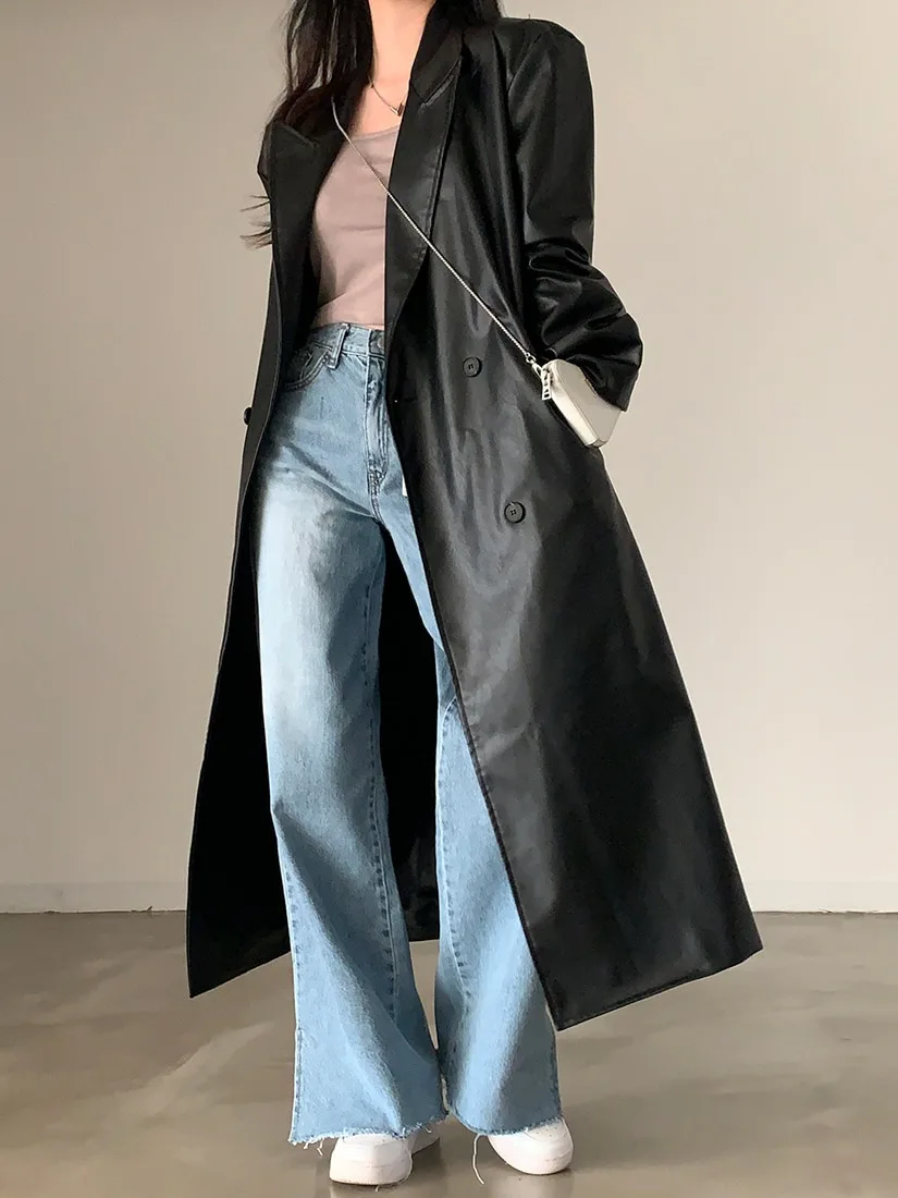 Chic Autumnal Vintage Sli doppiopetto sciolto casual in pelle PU lungo giacca a vento Sve per le donne pendolari Sle