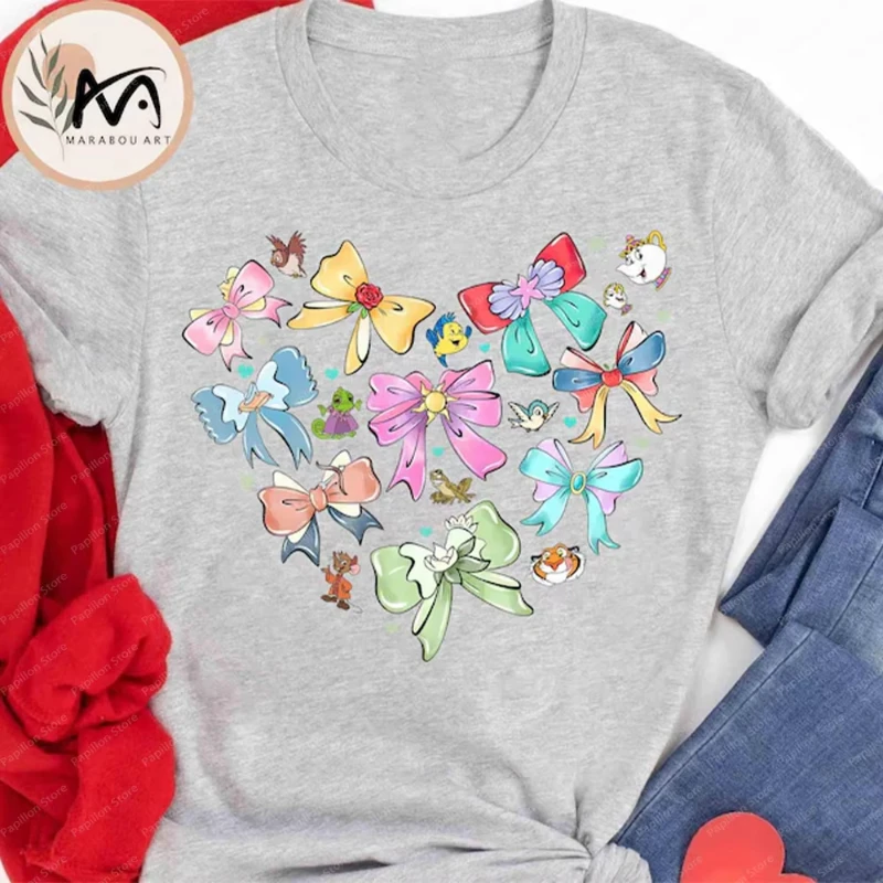 20250 الانحناء الأميرة قطنية عالية الجودة المحملة ديزني الفتيات مطابقة قميص أورورا ارييل حسناء سندريلا الياسمين تي شيرت الرجال النساء فضفاض #3