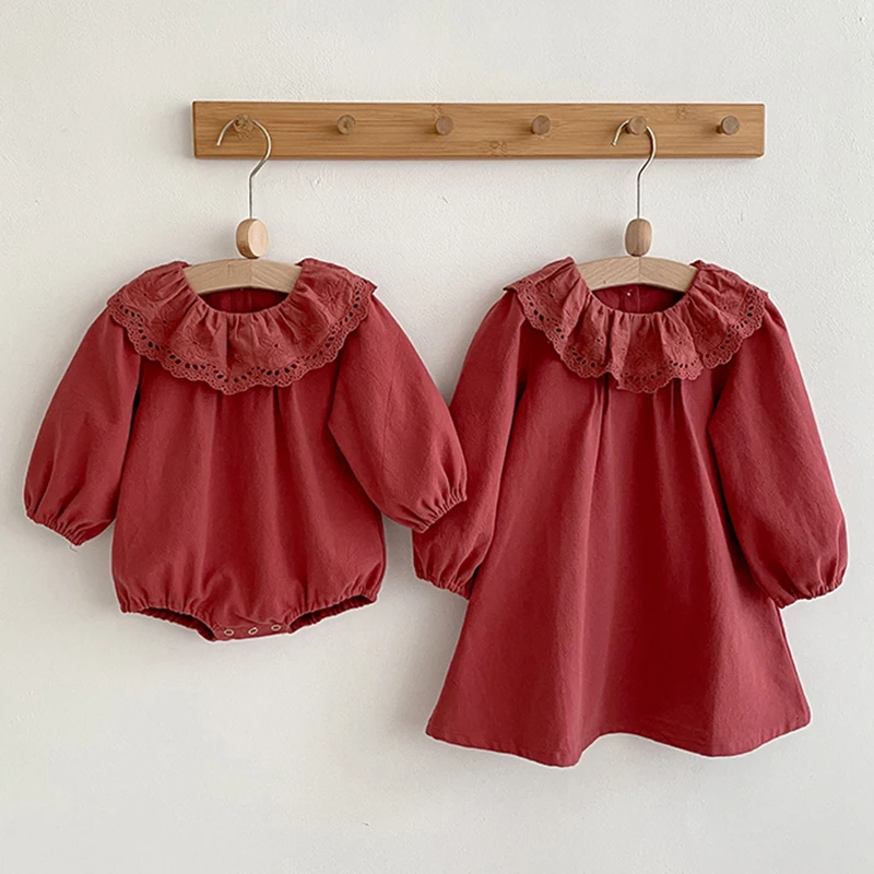 Spring Autum Princess Toddler Baby Long Sleeves Rompers Kids Baby Girls Sister Clothes Solid Color Girls Dresses Clothes