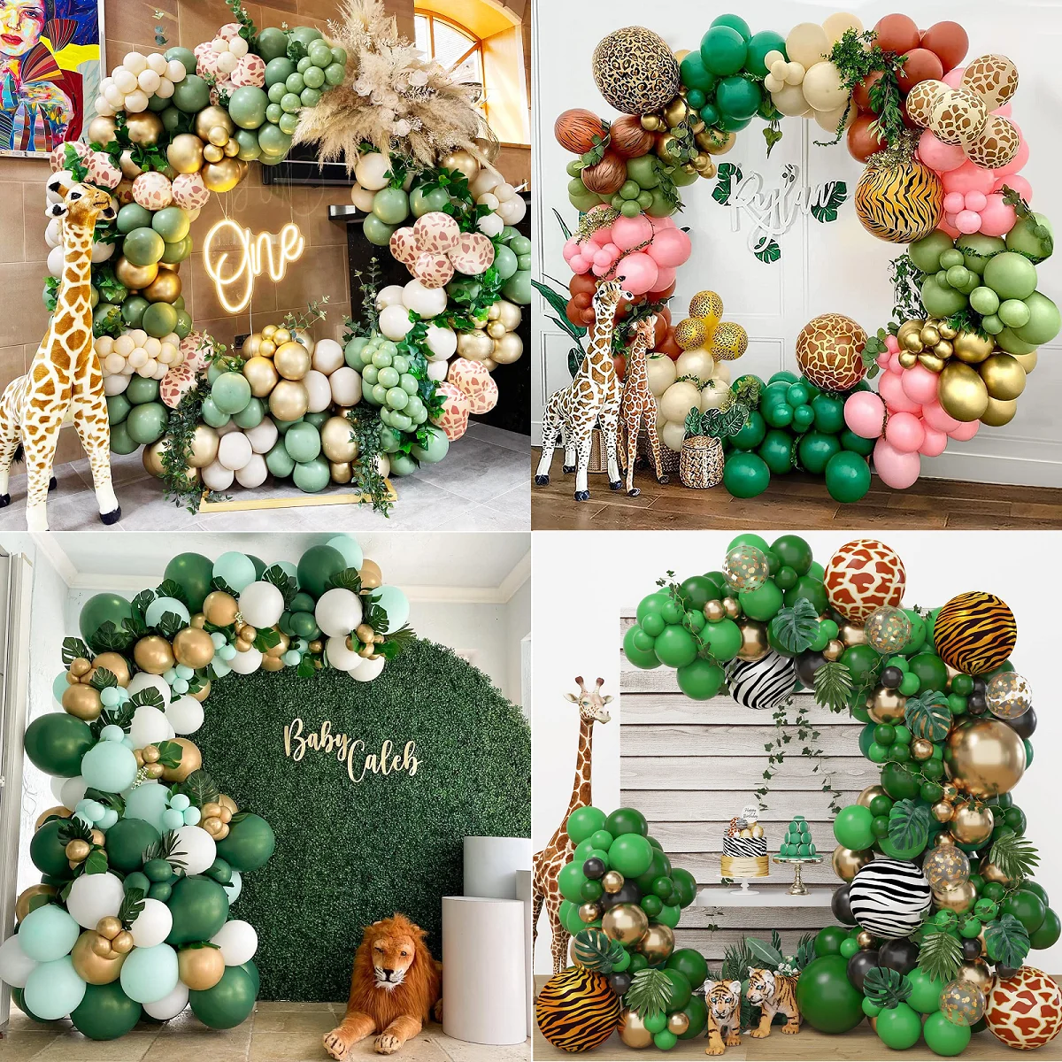 1 Set Jungle Themed Green Wreath Arch Kit Gold Balloons 4D Chrome Foil Ball Party Decorations Wedding Boys Birthday Baby Shower