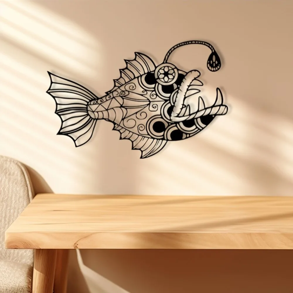 Vintage Angler Fish Metal Wall Art, Saltwater-Resistant Iron Decor for Patio Game Room, Fisherman Christmas Gift