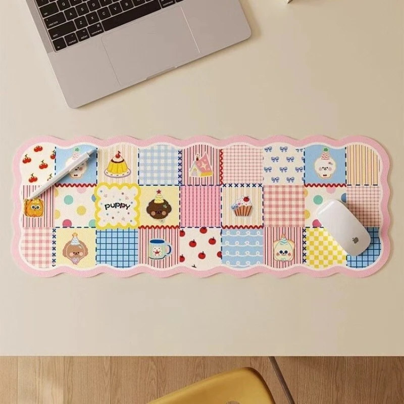 Kawaii Puppy PatchworkGrid Mouse Pad Waterproof Anti-Slip Leather Desk Mat Wave Edge Large Keyboard MousePad for Laptop Computer
