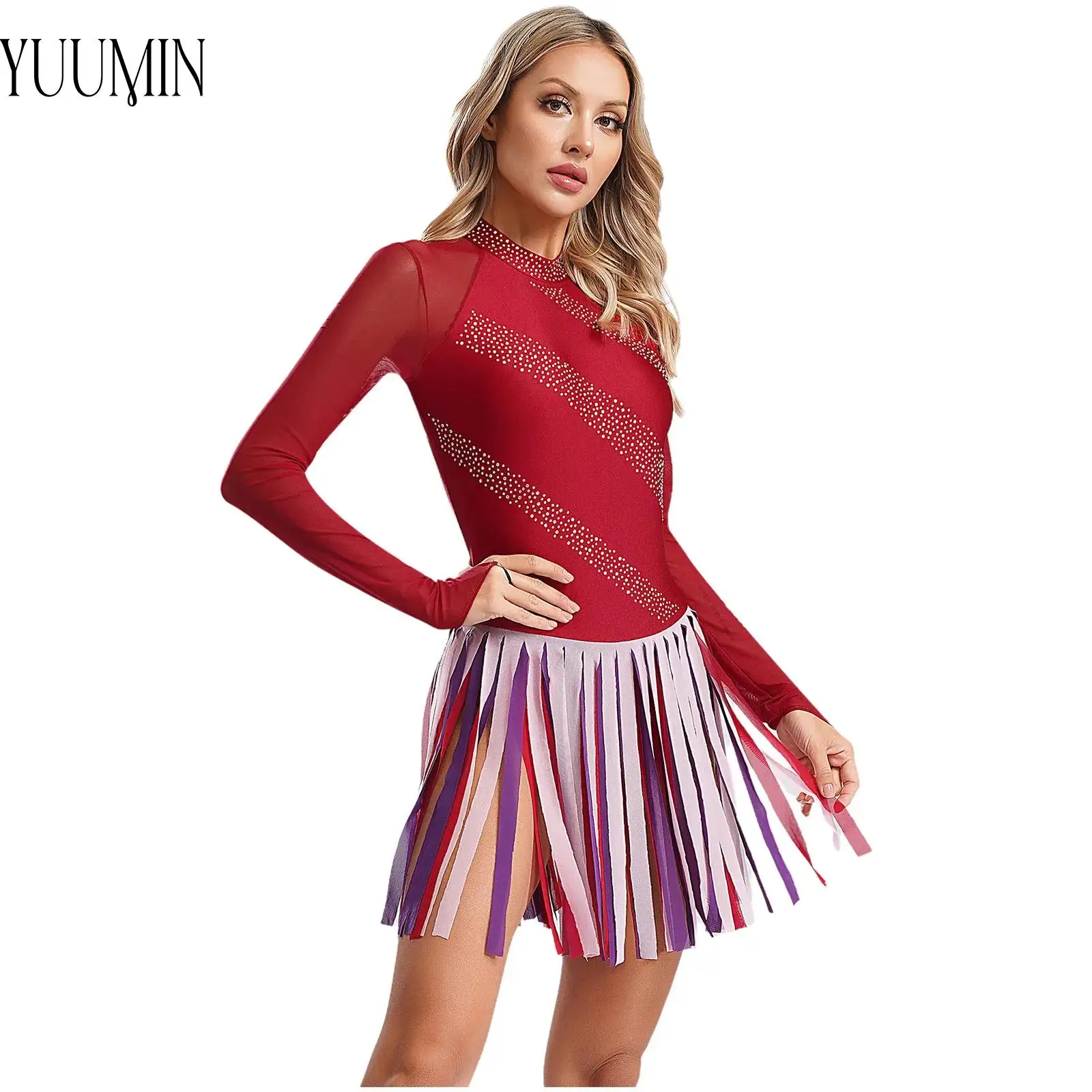 Women Lyrical Dance Dresses Sheer Mesh Tassels Hem Long Sleeves Sparkly Rhinestones Dress Dancewear Performance Ballet Leotard