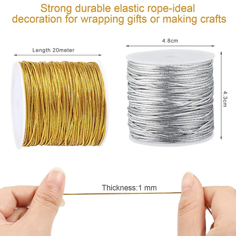 20M/Roll Metallic Elastic Cords Stretch Cord Ribbon Metallic Tinsel Cord Rope Gold Silver Cord for DIY Craft Making GiftWrapping