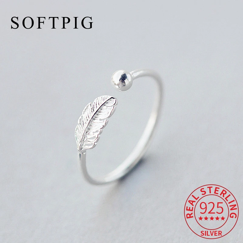 SOFTPIG Authentic 925 Sterling Silver Cute Feather Adjustable Ring For Women Classic Fine Jewelry Party Elegant Accessories