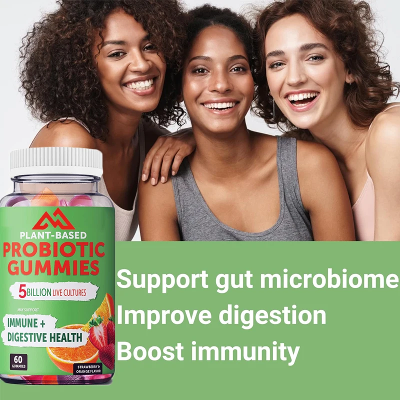 

60 gummies of vegetarian probiotics, digestive and immune support, 5 billion colony units, helpful for constipation and bloating