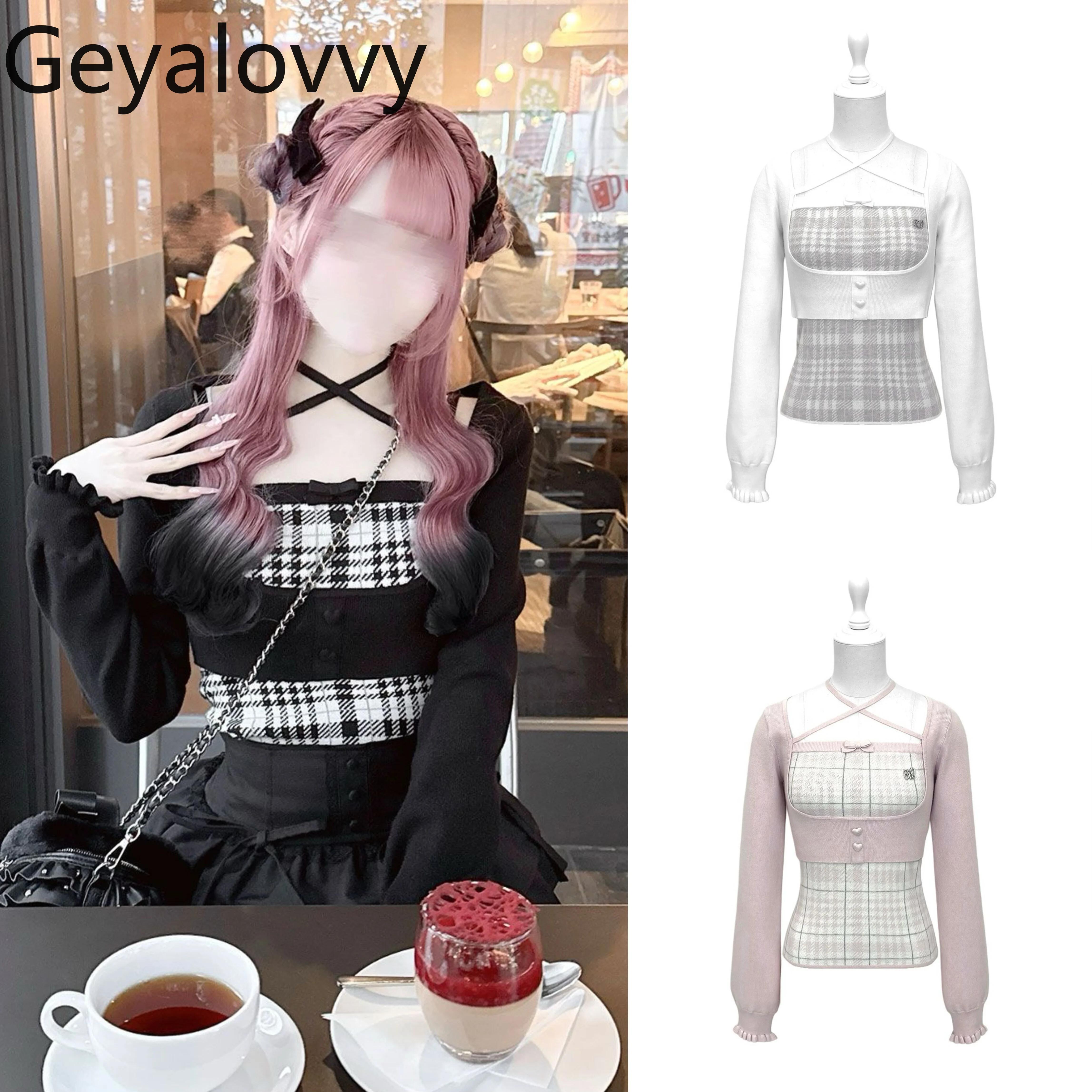 

Новинка 2026: Элегантный вязаный пуловер в японском стиле с перекрестными бретелями и клетчатым узором, комплект из двух предметов с длинными рукавами для женщин (весна-осень)