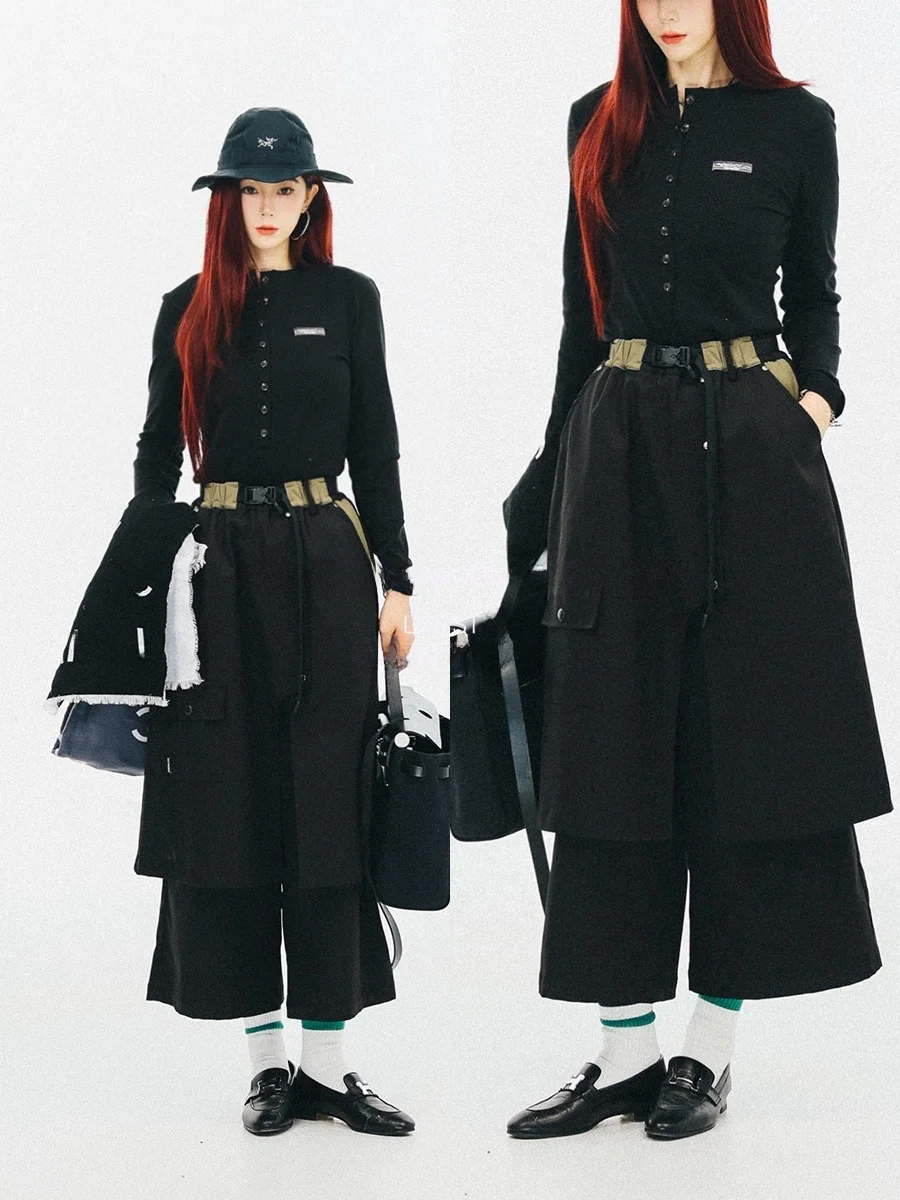 

Свободные повседневные брюки-юбка с широкими штанинами в японском стиле, с эффектом двухслойности, винтажный дизайн, для женщин