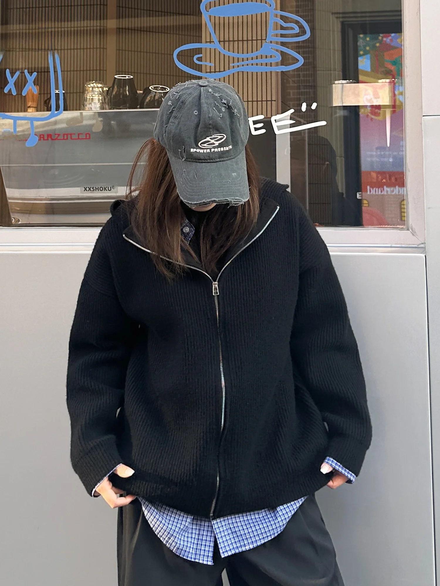 

American Retro StreetSle Hooded Knit Sweater Coat Zipper Loose Lazy Sle Cardigan Long Sve Winter Faion Women's Top