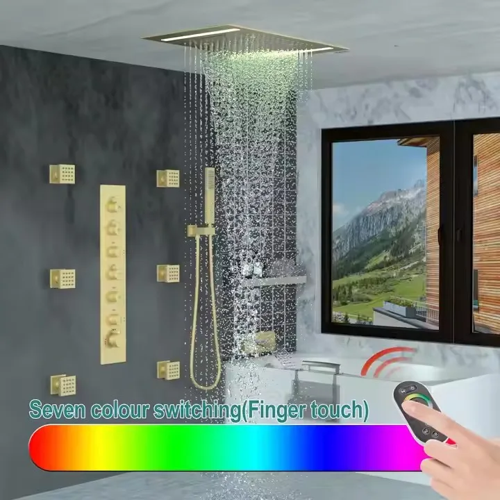 DULABRAHE Luxury Led Brushed Gold Thermostatic Shower Faucet Set Concealed Bath & Shower Faucets Ceiling 500*360mm Shower Head