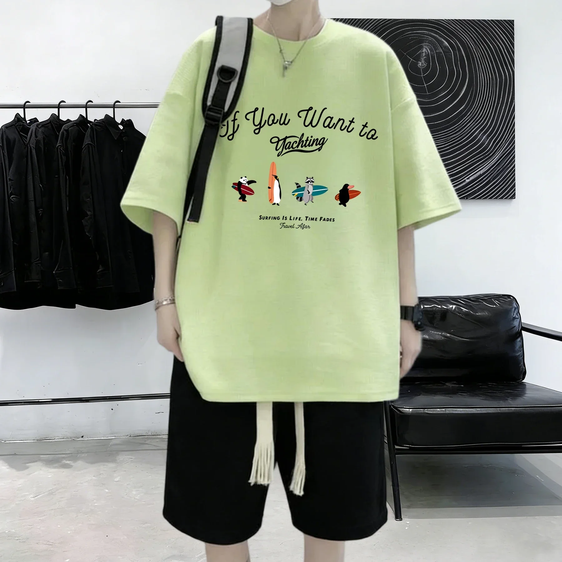 Four Friends Went Surfing Together Prints Men Soft Cotton Fashion T Shirts All-Match Comfortable Clothes Loose Summer Streetwear