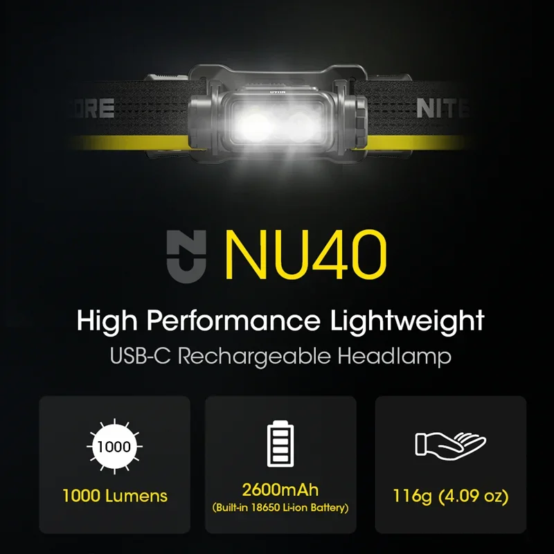 Nitecore USB-C farol recarregável, farol para Trail, corrida, trabalho, pesca, trekking, mochilas, NU40, 1000lumens