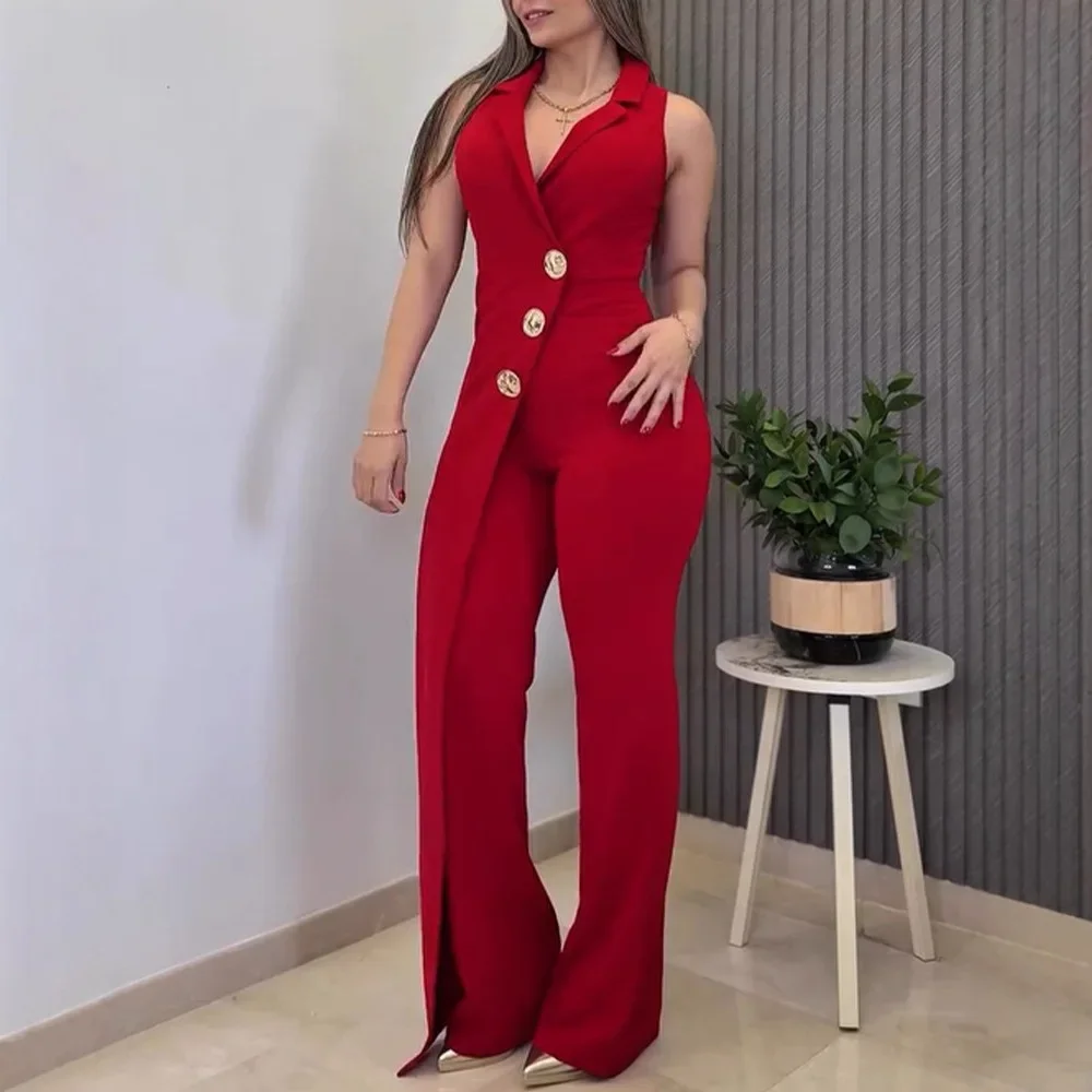 Decorazione con bottoni Colletto dentellato sovrapposto con scollo a V senza maniche Avvolgente sul davanti Tuta casual con cerniera posteriore Tuta da donna Pantaloni generali