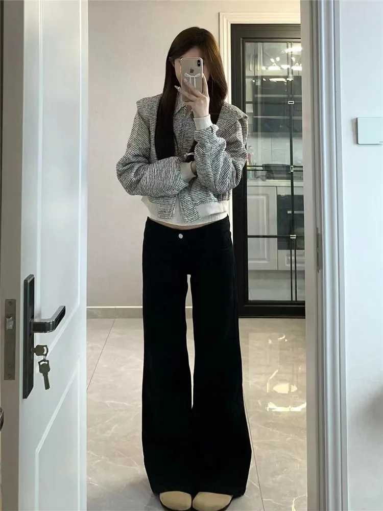 

Джинсы-клеш с низкой талией и удлиненными штанинами, женские, свободного кроя, удобные, широкие брюки, весенне-осенние, глубокого цвета