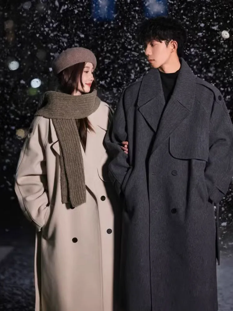 معطف صوفي سميك على الطراز الكوري للرجال سترة شتوية طويلة موضة الشباب كلاسيكية زر إغلاق بلون واحد ملابس خارجية #4