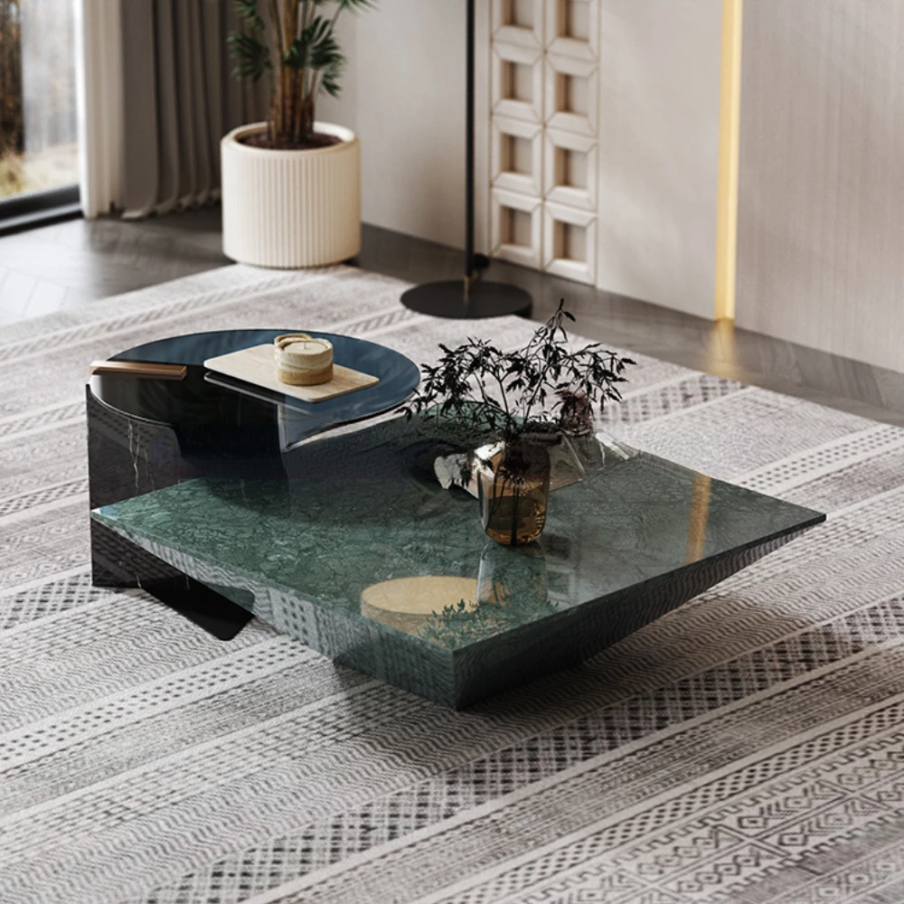 Light luxury natural marble coffee table imported Indian green brushed black steel modern living room side table combination