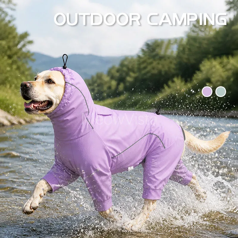 Waterproof Windproof Full Body Dog Windbreaker Reflective Adjustable Hooded Dog Jumpsuit for Outdoor Camping Walking Traveling