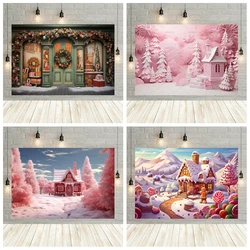 Christmas Pink House Scence Photography Backdrops Kids Adult Photocall Props Snowy House Door Background For Family Photo Studio