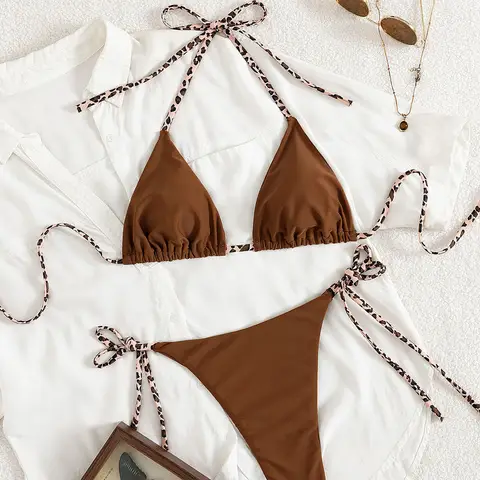 Women's Sexy Solid Halter Bikini Set Lace-Up Low Waist Two-Piece Triangle Thong Swimwear Leopard Tie On Side Brazilian Biquinis