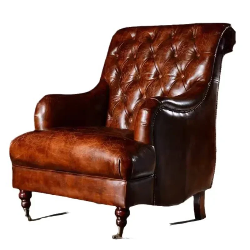 

American retro, sofa chair, French medieval style, oil wax leather single chair