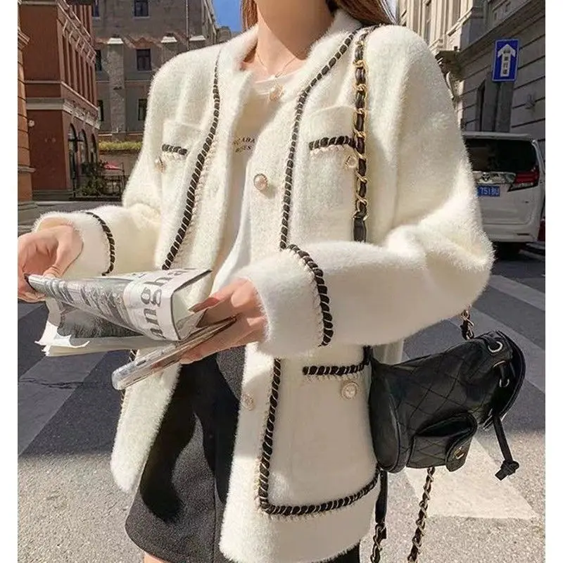 

Элегантный женский кардиган на осень-зиму 2025 года, пальто из мягкой норки и плюша, свободный вязаный свитер, верхняя одежда с открытой передней частью