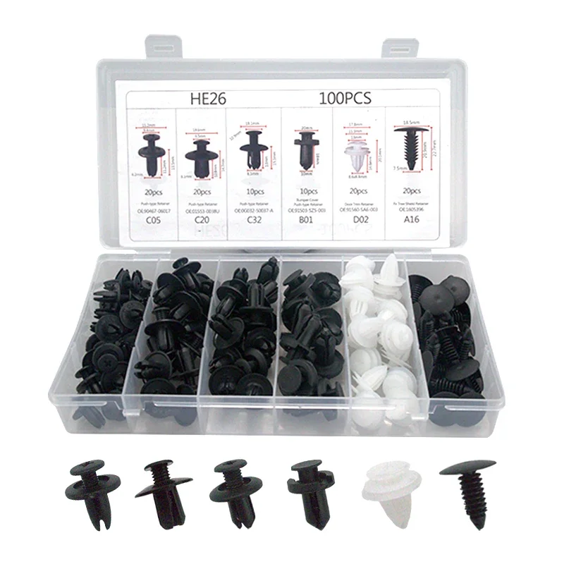 Kit de clips de fixation automatique, 100 pièces, Clips à rivets de garde-boue, goupille de retenue de poussée de carrosserie de voiture, Rivet de pare-chocs de porte, panneau de retenue de voiture