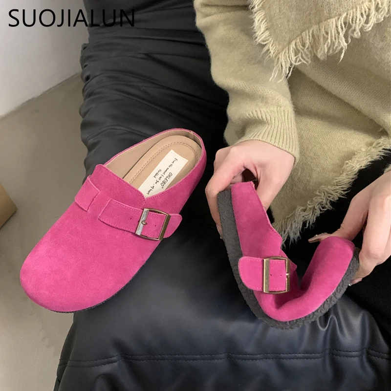 SUOJIALUN 2024 Spring New Brand Women Slipper Shoes Round Toe Slip On Mules Shoes Fashion Flat Heel Casual Flat Slides Shoes