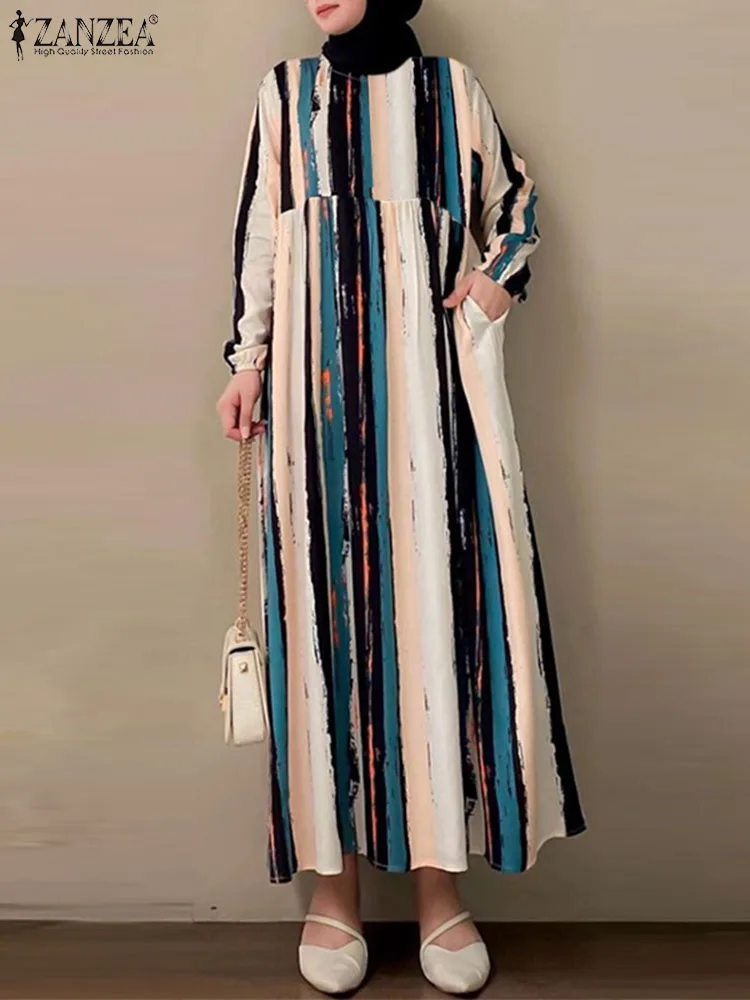 

ZANZEA Holiday O-neck Maxi Dresses Loose Women 2024 Vintage Long Sleeve Vestido Abaya Muslim Casual Striped Long Robes Kaftan