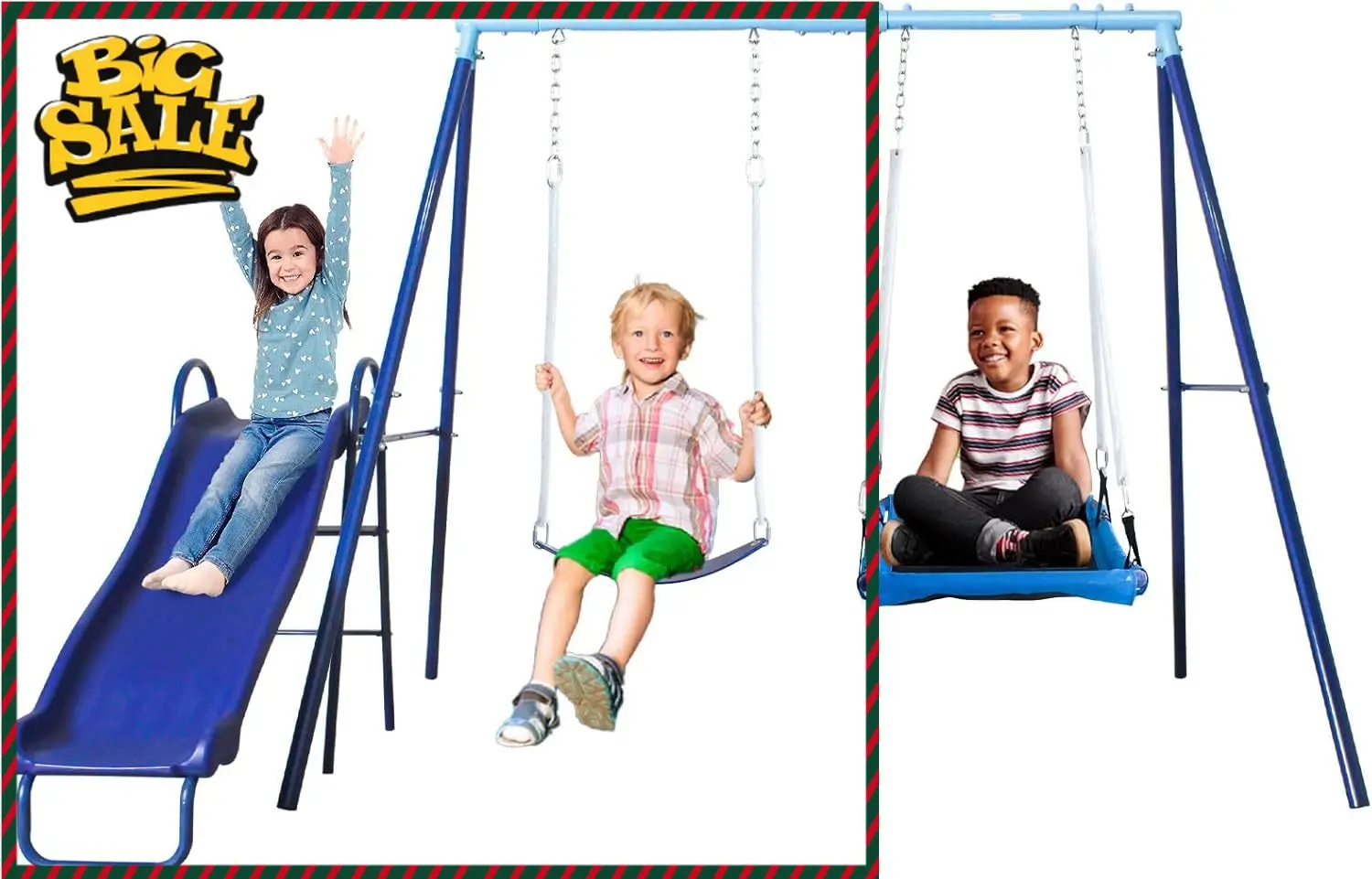 

Детский игровой комплекс 3-в-1 для двора, уличный игровой комплекс с горкой, платформой и подвесными качелями, грузоподъемность 227 кг - прочная металлическая А-образная рама