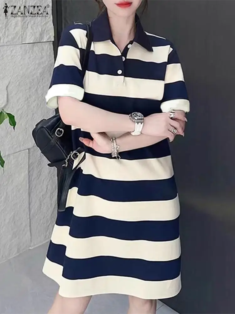 

ZANZEA Women Striped Shirt Dress 2024 Summer Buttons Lapel Short Sleeve MIni Vestidos Vintage Mini Sundress Casual Loose Robe