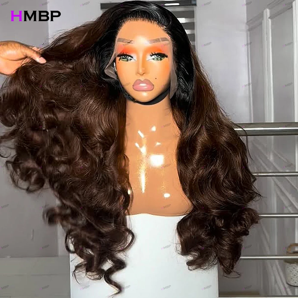 Chocolate Brown Omber Highlights Body Wave Wigs 400 Density 100% Human Hair Wigs 13x6 HD Lace Frontal Wigs Pre Plucked For Women