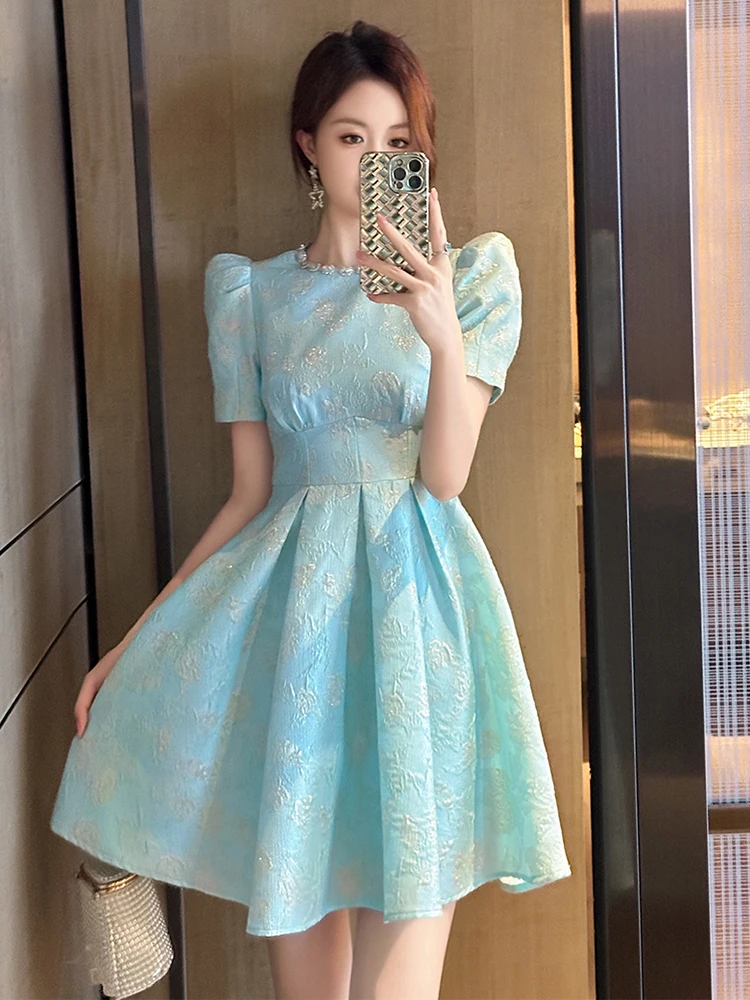 Elegant Luxury Sweet Jacquard Floral Gown Evening Dress Women Clothes Retro Puff Sleeve Corset Short A-Line Party Prom Vestidos