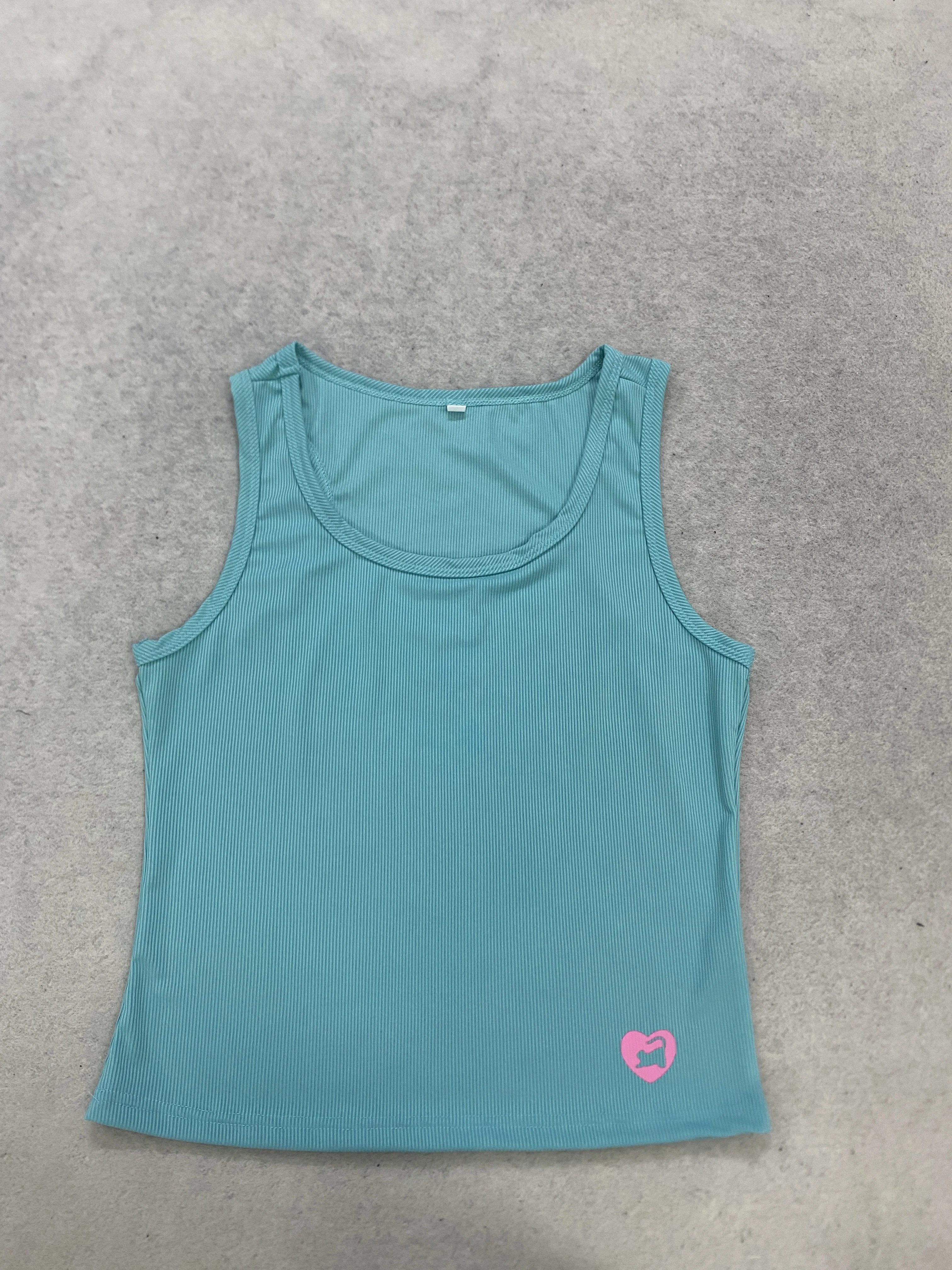 Lake Blue Ribbed Heart Tank Top Women U‑Neck Wide Strap Slim Y2K Basic Camisole